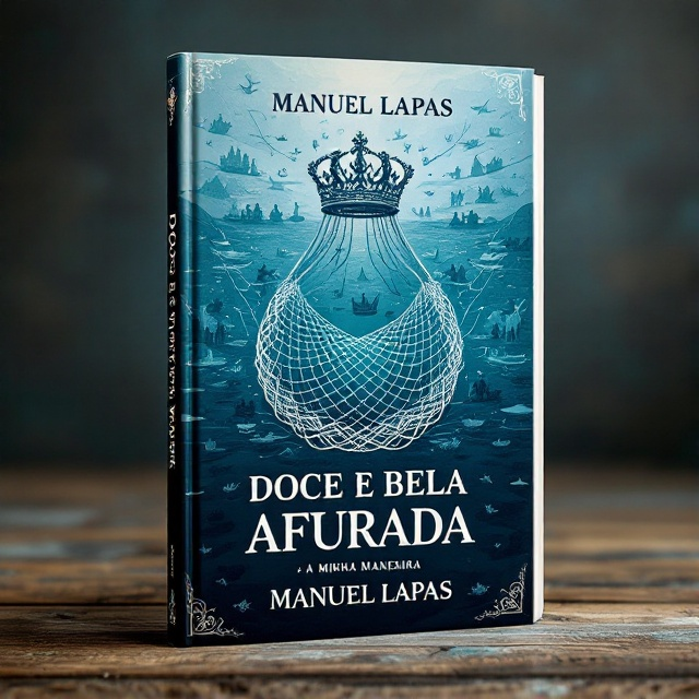 A royal crown intricately intertwined with a fishing net, representing both the regal history and the essence of Afurada. Sketches of fishermen, fishwives, and iconic boats subtly fade into a deep sea blue background. The elements are delicately arranged to create a sense of epic storytelling and community pride.