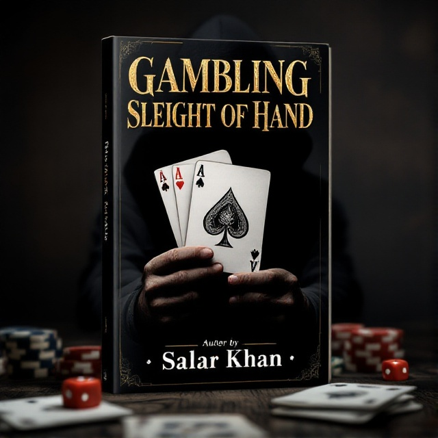 A shadowy figure with a poker face is in the foreground, holding an Ace of Spades prominently. The background features dimly lit, vintage casino elements like poker chips, dice, and faded playing cards, creating an air of mystery. The color palette consists of dark shades of black, deep red, and muted gold tones, enhancing a sense of intrigue and expertise.
