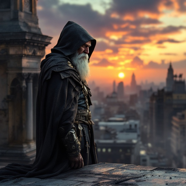 The cover depicts a strong, old man with a white beard, representing Imperator Pedro II of Brazil. He's wearing a hood and cape, standing on a rooftop that provides a panoramic view of a chaotic cityscape. The setting sun casts a vibrant palette of oranges and purples across the sky, adding elements of mystery and hope. The man’s expression is one of determined resilience, subtly conveying his role as a protector.