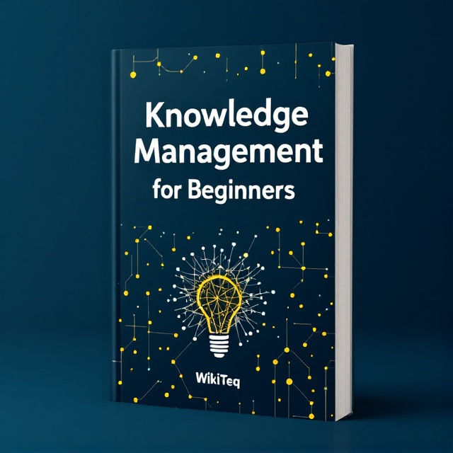 A seamless blend of geometric shapes in aqua and yellow against a dark blue background creates a sense of order and efficiency. The shapes represent interconnected networks, symbolizing the collaborative aspect of knowledge management. In the center, an icon of a light bulb made of network lines embodies the idea of new insights and innovation.