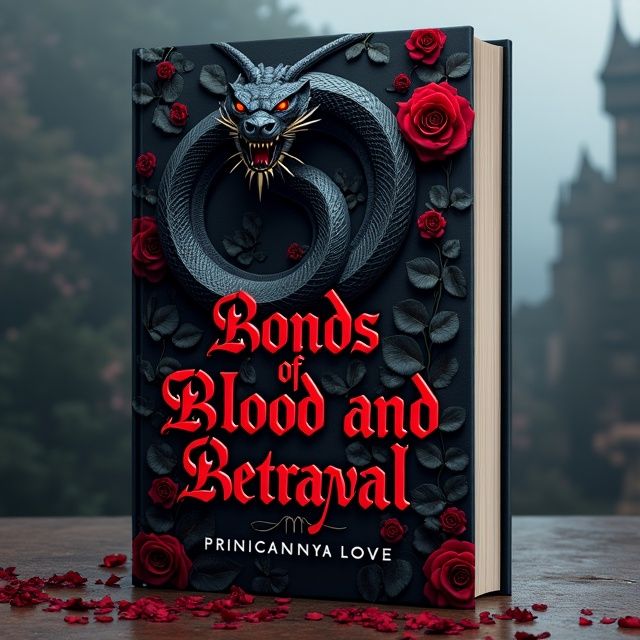 A dark, gothic serpent intertwined with crimson and black roses dominates the center of the cover. The serpent's eyes glow eerily, enhancing an atmosphere of menace and intrigue. Behind the serpent and roses, a faint silhouette of a medieval castle looms, shrouded in mist, lending a mysterious and historical ambiance. The colors are predominantly dark with splashes of red, symbolizing blood and betrayal.