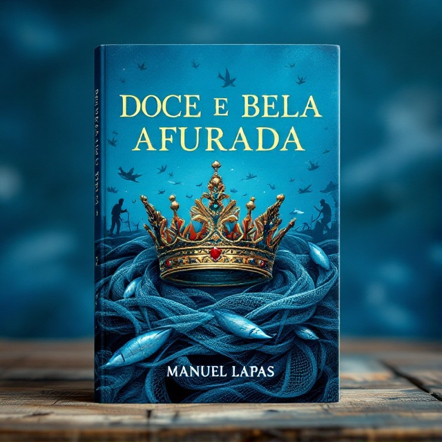 A vibrant blue sea background sets the scene. A majestic queen's crown sits at the center, intricately entwined with a detailed fishing net. Surrounding the crown are images of fishing boats, fishermen, and fishmongers, subtly integrated into the water-like background. The atmosphere captures the essence of a historical voyage.