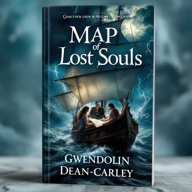 The cover features a dynamic scene of a pirate ship braving a swirling, magical sea. A storm with glowing, ethereal lightning looms in the overcast sky. At the ship's helm, three figures, two females and a male, are intently studying an intricately detailed map. The sea is colored in muted blue tones, hinting at hidden wonders beneath the surface, while mist rises from the water, enhancing the mystical atmosphere.
