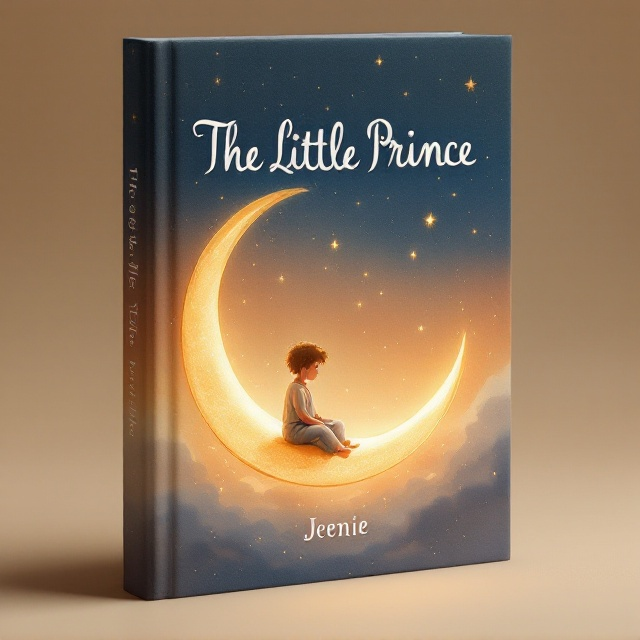 A gentle, painterly illustration displaying a young prince sitting serenely on a crescent moon in the center of the cover, surrounded by a dreamy night sky gradient that transitions from deep orange to lighter shades. Delicate stars sparkle subtly, contributing to a magical and otherworldly ambiance, while soft glowing orange hues envelop the scene. The prince, dressed in flowing garments, gazes downward with an expression of wonder and peace, the crescent moon cradling him softly.