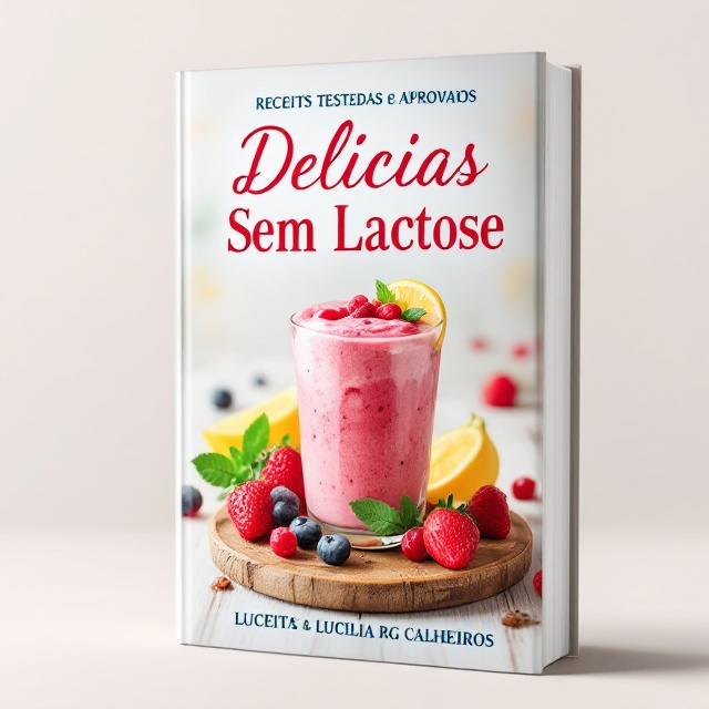 No centro, uma imagem vibrante de uma taça de sorvete de frutas frescas sem lactose, com frutas coloridas ao redor. O fundo é um tom de branco suave, com uma textura sutil de papel artesanal que adiciona calor, e no canto inferior direito, um selo em formato de fita cor dourada com a inscrição "Receitas Testadas e Aprovadas".