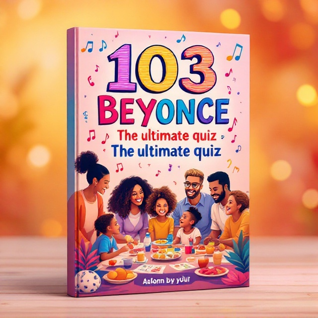 A vibrant and colorful illustration of a lively family game night scene, with happy family members of different ages, all engaged in answering quiz questions about Beyoncé. A playful and dynamic burst of musical notes and symbols surrounds them, symbolizing Beyoncé's musical influence. The background is a cheerful, warm blend of pastel colors, accentuating the joyous mood.