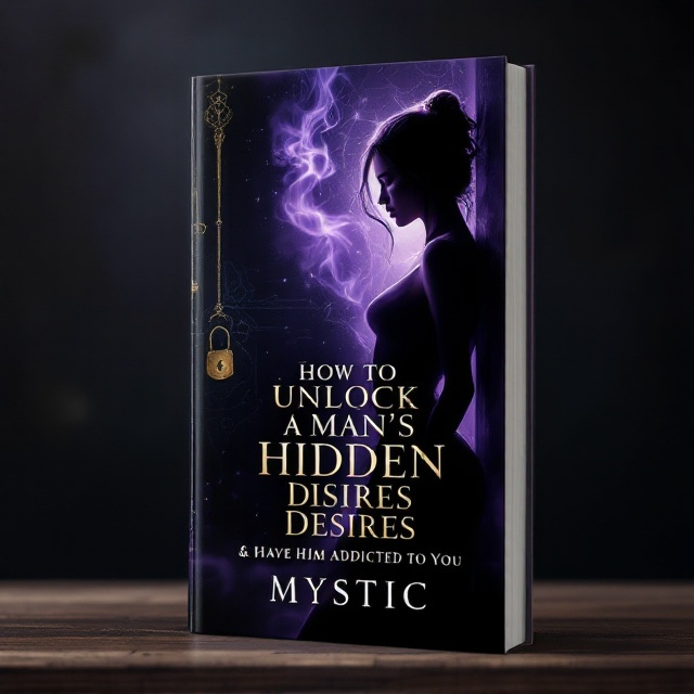 A dark, moody background with a subtle gradient starting from deep purple at the top gradually moving to black at the bottom. In the foreground, an empowering silhouette of a woman with a soft, ethereal glow surrounds her, heightening allure and intrigue. The silhouette exudes confidence, leaning against an elegantly understated wall decorated with mystical symbols. In the background, a partially visible, ornate golden lock and key hint at hidden desires and secrets. A delicate tendril of smoke or flame adds dynamic allure.