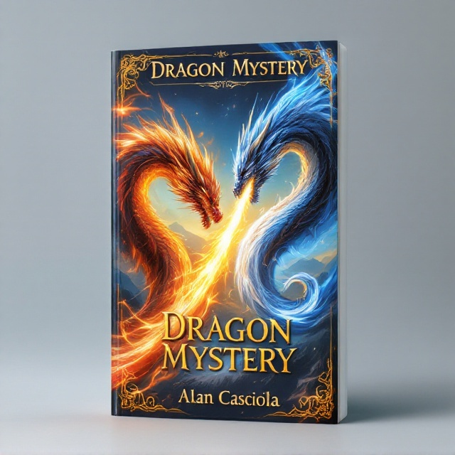 Two majestic dragons dominate the cover, locked in an intense battle amidst a vast sky. One dragon breathes a vivid stream of fire in warm shades of orange and red, while the other exhales a swirling breath of icy blues and whites. The background features a distant, epic landscape, perhaps a mountain range, to enhance the grand scale of their aerial duel. The scene is exhilarating and dynamic, capturing the heart-pounding action of the fight.