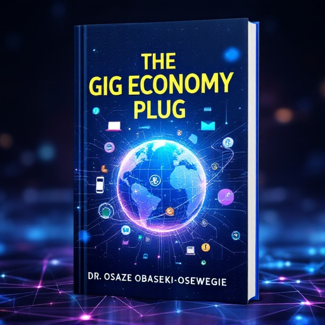 A dynamic scene depicting various elements of the gig economy, with a digital network web in the background symbolizing the Internet. A series of floating icons representing AI, dollar signs, laptops, and Android phones orbit around a central futuristic globe. The colors blue and purple predominate, creating a sense of modernity and advanced technology.