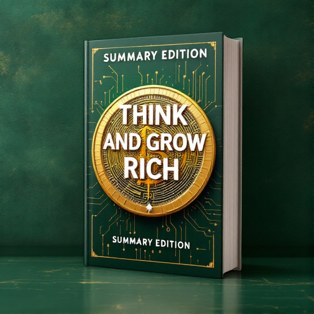 A central bold, vibrant, gold coin as the focal point, set against a deep green textured background. The coin has intricate circuitry patterns on it to symbolize wealth and the importance of thinking, with an upward arrow subtly visible within the circuitry for growth.