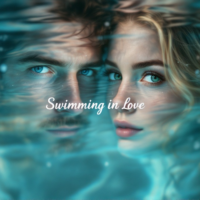 The water pool covers the entire background, with gentle ripples creating a sense of tranquility. Half of a man's face with blue eyes and dark brown hair is reflected on the left side, while half of a woman's face with green eyes and dark blonde hair is reflected on the right side. Their reflections are slightly distorted, adding a sense of movement. Subtle bubbles are scattered across, creating depth and interest.