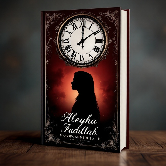 The cover features a striking silhouette of a young girl positioned centrally against a deep burgundy background. Above her, a large, ornate clock looms with its intricate details subtly highlighted to create a sense of anticipation and timelessness. The edges of the cover are adorned with delicate lace-like floral patterns, adding an element of elegance and a sense of endurance despite trials.