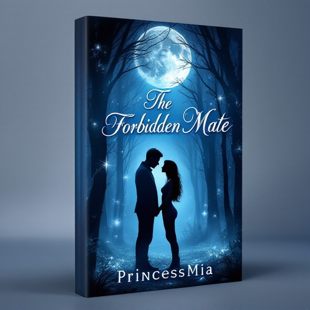 A moonlit forest scene with shades of blue and silver dominates the cover. In the foreground, two silhouettes – a man and a woman – stand close, gazing into each other's eyes. Their surroundings are cloaked in mist, suggesting mystery, while ethereal wisps of light weave around them, symbolizing magic and forbidden love.