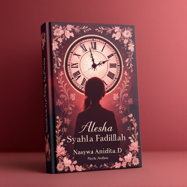 A central silhouette of a young girl stands poised in the middle, her features subtly indicating weariness and gentle hope. Above her is a large, intricately designed clock, its hands symbolically pointing towards a hopeful future. Surrounding the cover's edges, delicate floral lace patterns frame the image, adding a touch of elegance and tenderness. The predominant hue is a burgundy gradient, casting a mood that shifts from deep struggles to softer, hopeful tones.