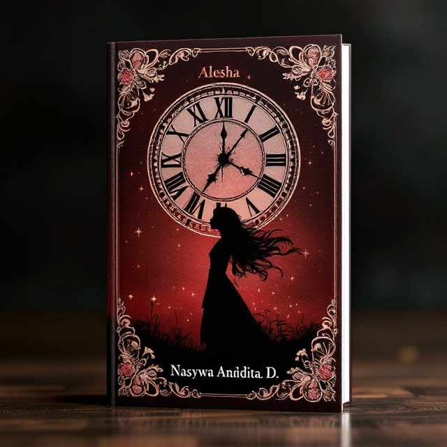 The cover features a silhouetted image of a girl centered at the bottom, gracefully framed by delicate lace-like floral patterns along the edges. Above the silhouette, a large, elegantly crafted clock with roman numerals serves as the focal point, hinting at the theme of timing in life. The entire cover is awash in gradients of burgundy, providing a rich and profound backdrop.