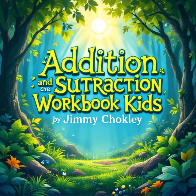standing book mockup, Its title is "Addition and Subtraction Workbook for Kids". Its author name is Jimmy Chokley.  The cover features a lush forest motif with a vibrant array of green leaves, tall trees, and a welcoming sun ray casting a playful glow. The background is sky blue with streaks of bright light filtering through the dense tree canopy. The ground is a lively carpet of lush grass, creating a serene natural scene that evokes a sense of exploration and learning amidst nature. The title, "Addition and Subtraction Workbook for Kids," is crafted in a whimsical, custom-designed font that intertwines with vine-like elements, evoking a sense of adventure. The font is bold, yet playful, in various shades of green and yellow, to mirror the surrounding foliage and sunlight. The author's name, Jimmy Chokley, appears in a simpler yet harmonious font below the title, maintaining a child-friendly aesthetic., The title is prominently displayed across the center of the cover, with the author's name positioned below in a smaller font. The elements like trees, leaves, and the sun are strategically placed to frame the title without obstructing readability. The sun is positioned in the top right corner, with rays extending outward, creating a radiant backdrop that illuminates the title.