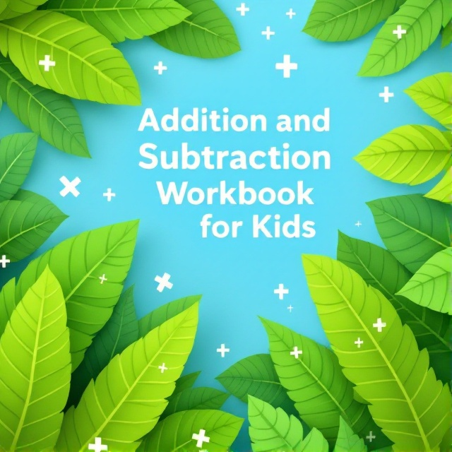 The cover features a bright sky blue backdrop, creating a lively atmosphere. Large, vibrant green leaves make up the forest theme, filling most of the cover. Math symbols like plus and minus signs are subtly integrated into the leaves, creating a sense of curiosity and exploration. The overall design is playful and dynamic, attracting young learners.