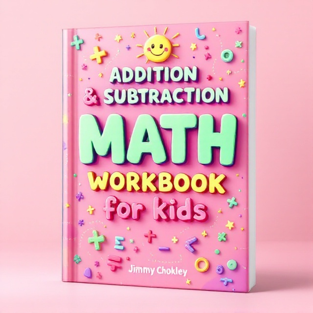 A vibrant cover with a pastel pink background, decorated with doodles of math symbols like plus, minus, and equal signs in bright yellow, green, and purple tones. Curvy dotted lines weave through the symbols, creating a playful path with stars sprinkled around. In the center, there's a smiling sun with abstract shapes radiating outward, emphasizing a sense of fun and curiosity.