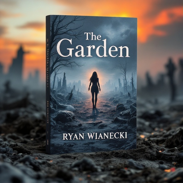 In the foreground, a grey wasteland spreads across the cover, littered with the skeletal ruins of civilization. Amidst the grayness, Lily, a bright figure of resilience, stands as a beacon of hope to the right, facing away from the Hand, a shadowy figure lurking in the background. The sky is a blend of vivid orange and purple hues, suggesting the dawn of a new era.