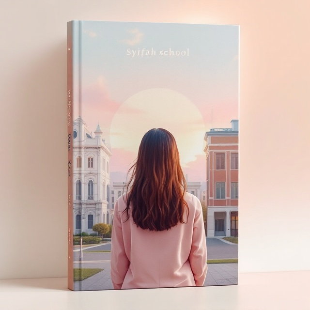 A pastel-themed cover featuring a high school girl standing at the center with her back turned to the reader, glancing towards two contrasting school buildings on either side. The old school is depicted with a more vintage architectural style while the new school exhibits a modern design. The skyline is subtly blended in pastel shades, showcasing a soft sky with hints of dawn or dusk.