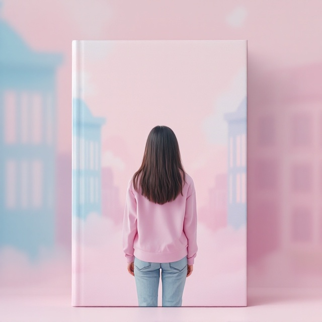 The cover features a high school girl standing in the center, her back facing the viewer. She stands confidently, with one school building on her left rendered in a pastel blue and her new school on her right in a pastel pink, symbolizing the transition and choices she faces. The background is filled with soft pastel shades, blending into an inviting and dreamy atmosphere.
