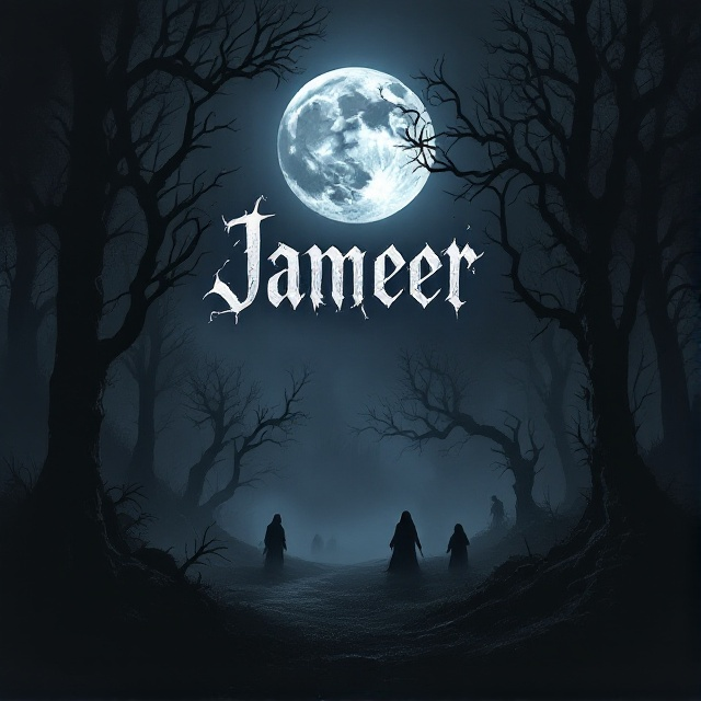 A dark, eerie forest scene under a full moon, with shadows stretching ominously across the foreground. Silhouettes of twisted trees and indistinct figures give a sense of looming danger. The title "Jameer" emerges from the mist, with spectral wisps curling around each letter.