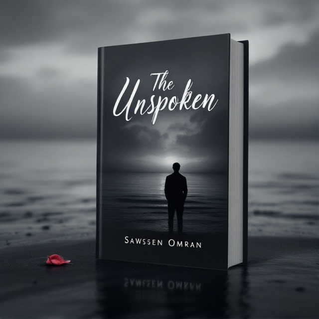 A dimly lit grayscale ocean shoreline at dusk, with a single rose petal gently floating on the water surface. The horizon is slightly foggy, conveying mystery, and a silhouette of a man gazing into the distance is subtly integrated in the background.