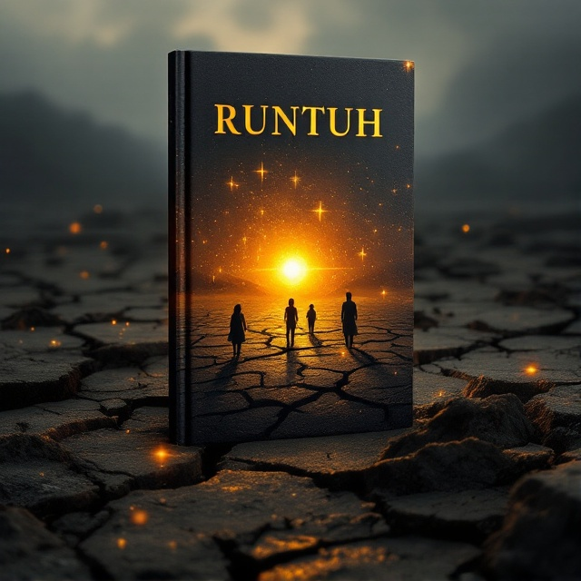 A vast, cracked earth landscape serves as the background, with delicate, abstract silhouettes of people scattered across the scene, evoking a sense of vulnerability. A small, radiant light glimmers gently at the center of the composition, set against a dramatic palette of black, chocolate, and orange hues.