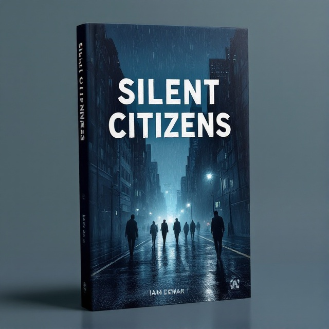 The cover features a shadowy cityscape under a heavy rainstorm, a dimly lit street with reflective wet pavements in dark blue and gray hues. Silhouettes of indistinct figures blend into the shadows, emphasizing anonymity and silence, and the city's background skyscrapers fade into a foggy skyline.