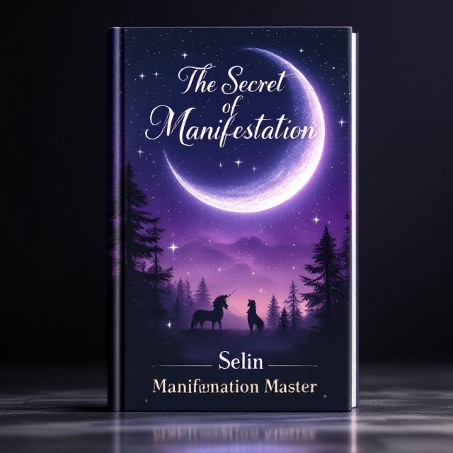 The cover features a large crescent moon hovering over a mysterious forest silhouetted in the background. The moon is surrounded by sparkly stars scattered across a rich, deep purple night sky, evoking a sense of magic and wonder. In the foreground, faint silhouettes of mystical creatures like a unicorn and a dragon can be discerned, adding an element of fantasy.