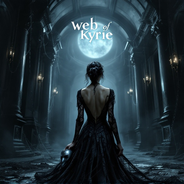 A moonlit, abandoned gothic theater interior dominates the scene, with tall, shadowy arches, crumbling ornate moldings, and menacing cobwebs sprawling across dimly glowing chandeliers. In the foreground, a sensual yet mysterious woman is shown from behind, her body draped in a black, flowing lace dress with intricate web-like patterns. Her pose suggests vulnerability with strength, holding a silver mask at her side. Chains from the theater walls subtly glint in the moonlight, hinting at themes of control and submission. The edges fade into deep blacks, giving the cover a haunting vignette effect.