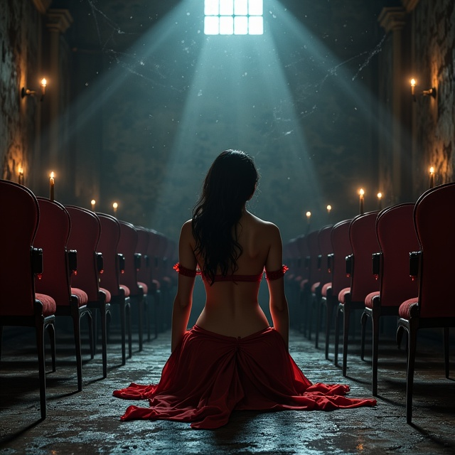 The cover features a dimly-lit, abandoned old theater in the background. Shadows engulf broken chairs and peeling wallpaper, creating an eerie yet romantic Gothic atmosphere. At the center, a dramatic glow illuminates a seductive yet naturally proportioned woman in a submissive kneeling pose, symbolizing allure and mystery. Her wrists are lightly bound with thin crimson silk ribbons, subtly alluding to themes of BDSM. Candle flames flicker along the edges of the cover, casting soft, dramatic lighting. Above her, faint spider webs stretch across the page, hinting at entrapment and obsession.