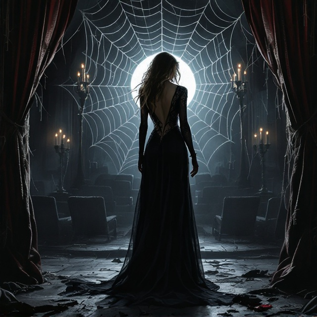 A detailed, semi-realistic illustration of a dimly lit, abandoned gothic theater. The backdrop features broken seats, torn curtains, and cobweb-infested candelabras, creating a haunting and eerie atmosphere. A striking centerpiece of the composition shows a sensually posed woman with natural, prominent curves, wearing a dark, flowing gown with intricate lace details. Her wrists are loosely tied with silk rope, and the tension between vulnerability and strength is evident in her posture. Behind her, a faint spider web-like structure illuminated by soft, silver moonlight stretches across the theater, casting haunting shadows. The dappled moonlight subtly hints at a sense of sensuality and mystery. Around the edges, shadowy, obscure shapes suggestive of an unseen presence build suspense.