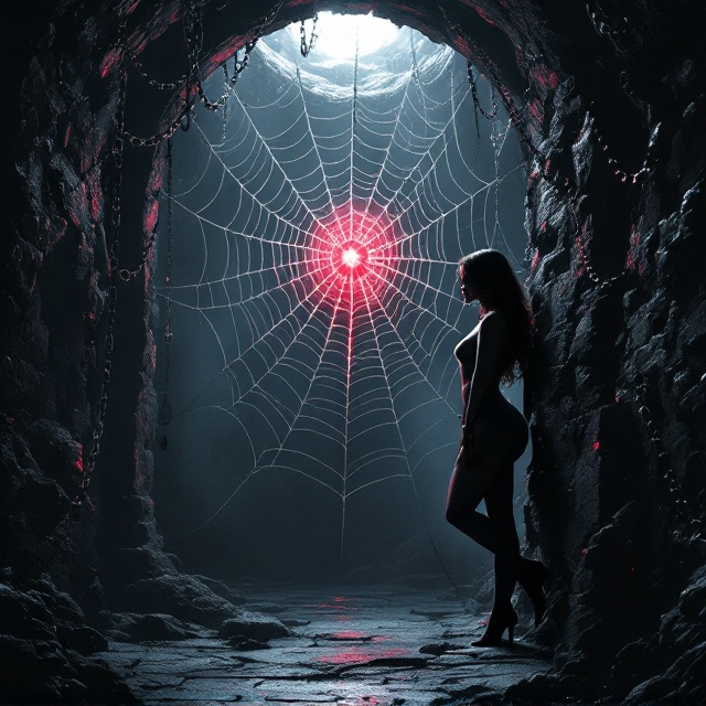 A shadowy, underground dungeon illuminated by faint streaks of moonlight piercing through small cracks in a high, arched stone ceiling. The foreground features a large, intricate spiderweb glistening with dew, its edges blending seamlessly into chains and cuffs hanging ominously from the walls. An ethereal crimson glow emanates from the center of the web, hinting at a mysterious and forbidden allure. In the background, a woman’s silhouette – natural and curvaceous – leans against the dungeon wall, her posture both vulnerable and defiant.