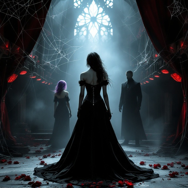 The image shows the main character standing center-stage in an eerie, abandoned theater. She is wearing a tight, black lace gothic corset paired with a flowing dramatic skirt. Her rich curves are highlighted with soft, sultry lighting, creating shadows that add depth and allure. Luna is located to her right, wearing casual but fitted clothing, her wild blonde hair glowing subtly against the dim light. Marrion stands on her left, her vibrant purple hair a striking contrast, exuding a sensual gothic allure. Rachel is seated slightly further back in the scene, giving her a modern yet mysterious secretary look. In the shadows, Nero stands in the far background on the balcony, gripping a dark black rose, his piercing dark eyes obsessed with the protagonist. Spiderwebs elegantly connect all the characters, subtly hinting at relationships and power struggles. A mix of dark gray, black, and muted crimson tones dominate the scene, with faint golden lighting filtering through the broken windows of the theater.
