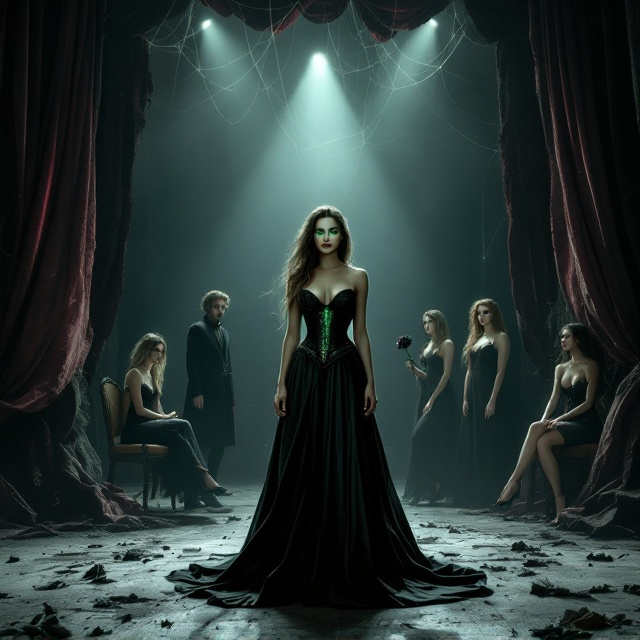 The cover features the main female character standing confidently in the center of the abandoned theater stage, her body elegantly adorned in a form-fitting gothic corset with a dramatic long skirt cascading downward. She faces slightly away from the viewer, her green eyes glowing intensely as she turns her head, exuding mystery and power. Surrounding her are the three women—Luna, Marrion, and Rachel—placed asymmetrically yet artistically balanced on the left and right of the stage. Luna is positioned slightly in the foreground, Marrion is perched dramatically on a theater seat, and Rachel is further back near the tattered curtains. Spiderweb threads subtly connect the characters' silhouettes, glowing faintly to create a sense of entanglement. In the background, Nero stands in the shadows, ominously holding a black rose, the dim beams of theatrical lighting highlighting his features. The stage is littered with dust and broken props, enhancing the gothic, abandoned vibe.