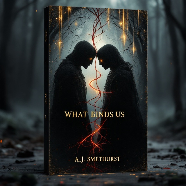 Two shadowy figures stand facing each other in the center of the cover, enshrouded in black mist, their gold-glowing eyes locking intensely. A crimson-red string arcs between them, winding around their bodies in chaotic loops, its ends frayed and faintly glowing. A faint, dark forest emerges in the background, with shades of gold subtly streaking through the darkness like cracks of light. Drops of blood are suspended in mid-air around the figures, as if frozen in time. Subtle layers of texture create a sense of ancient, worn parchment beneath the design.