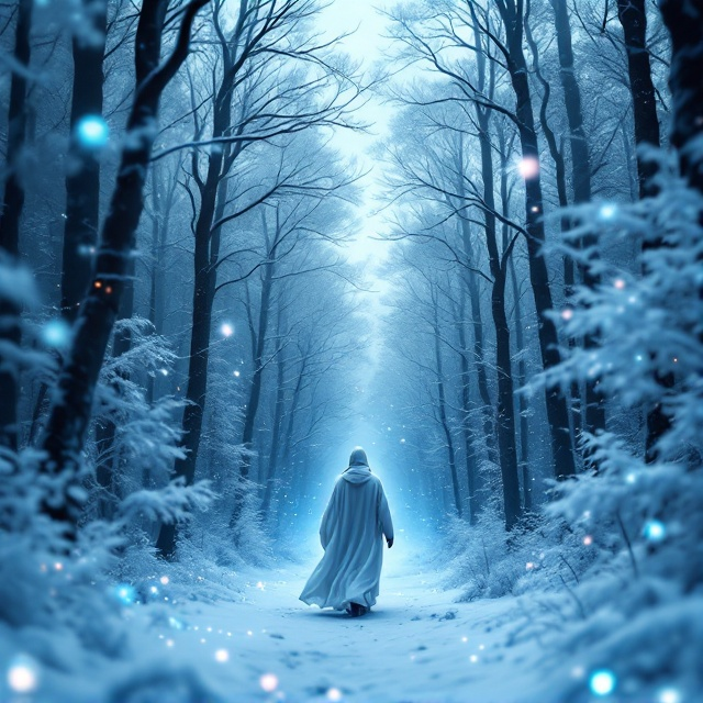 A snow-covered magical forest with tall, intricate trees stretching upward. Delicate, glowing blue wisps move like frozen breezes across the cover, giving the feeling of motion. A central focal point features a mysterious figure cloaked in white, walking into the distance, with frosty sparkles trailing behind them. The background fades into a gradient of icy blue and deep twilight.