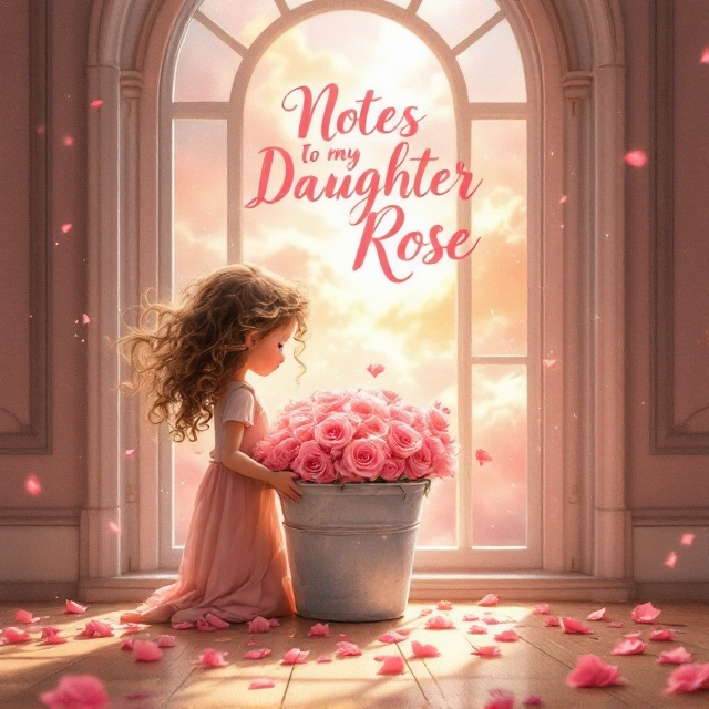 A surreal and magical illustration depicting a five-year-old girl with flowing curly hair, holding a large bucket of pink rose flowers close to her chest. The girl is facing a tall, arched vintage window with light streaming through, creating the effect of illuminated dust particles floating in the air. Outside the window is a soft pinkish sky transitioning into a golden hue, filled with faint, dreamy clouds. The floor beneath her is textured wood, and scattered rose petals trail from her bucket. A soft glow emanates around the girl to create an emotional, whimsical atmosphere.