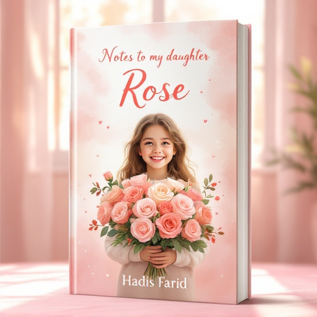A pastel pink background with subtle watercolor textures. In the foreground, a young girl is depicted holding a large bouquet of rose flowers in her hands, smiling warmly. The window is illustrated just behind her, with soft sunlight streaming through, casting a gentle glow. Surrounding her are faint, dreamy swirls that add a loving and nostalgic touch.
