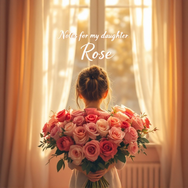 A 5-year-old girl, seen from behind, is holding a large bouquet of pink and red roses. She stands in front of a slightly open window with soft curtains flowing inward, hinting at a light breeze. Warm sunlight streams through the window, casting a soft glow on the girl and emphasizing the tender atmosphere. The background subtly fades into pastel tones of pink and beige.