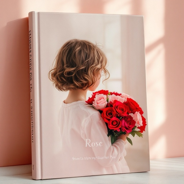 A soft, pastel pink backdrop is subtly textured, evoking a warm, delicate feeling. A 5-year-old girl is captured from behind, her short, wavy hair outlined with a soft glow. She holds a large bouquet of red and pink roses close to her small chest, the vividness of the flowers contrasting against the background. The girl stands before a wooden window with delicate, white lace curtains gently framing her silhouette. The light pouring through the window softly bends around her, adding a slight golden hue.