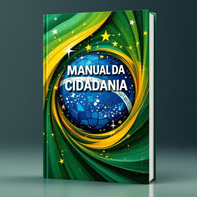 A dynamic and abstract interpretation of the Brazilian flag, where the green background curves in waves, meeting a fragmented circle inspired by the globe in the flag. Stars from the flag gradually blend into the blue sphere, radiating outward to signify hope and unity. Surrounding the sphere, faint textures suggest unity, community, and upward motion with warm golden highlights representing resilience and optimism.