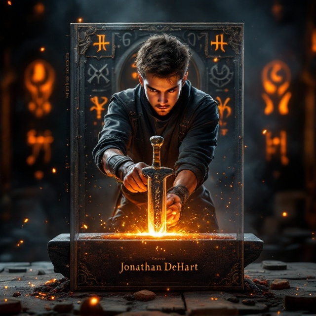 The cover features a dramatic, dimly lit forge at its center, with an amber glow radiating from a bed of roaring coals. A young blacksmith, his face partially shadowed but his eyes full of determination, is mid-swing with his hammer over a glowing, rune-etched blade resting on an anvil. Sparks fly around him, illuminating intricate metallic details. Behind the blacksmith, faint outlines of mysterious runes glow softly on the walls, adding an air of mysticism. The background fades into a smoky, darkened room to evoke a sense of depth and mystery.