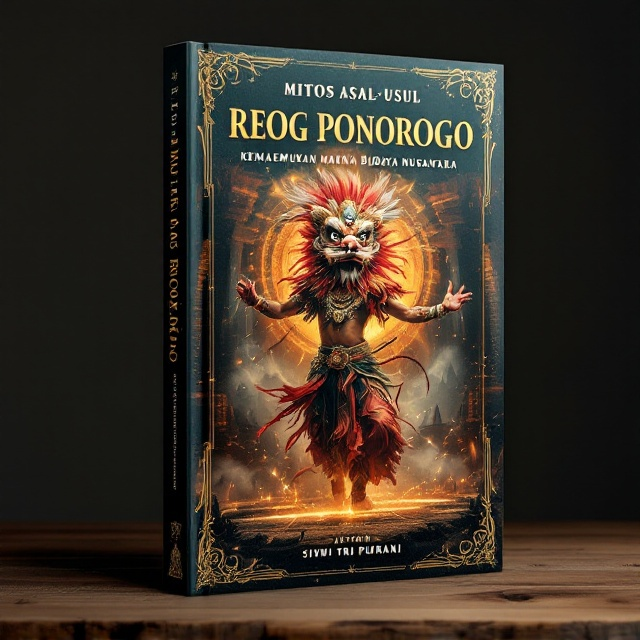A powerful image takes center stage on the cover a traditional *Reog Ponorogo* dancer, complete with their iconic lion mask and feather headdress, mid-performance. The background is a blend of mystical Javanese patterns and earthy tones, with faint silhouettes of ancient temples and folklore symbols blending into the design. The image exudes both grandeur and cultural richness. Subtle wisps of gold and warm red hues enhance the mystical and folkloric theme.