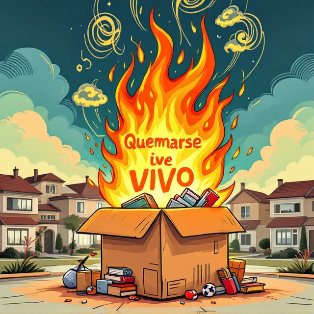 A whimsical illustration of a cardboard box engulfed in vibrant, cartoon-like flames that appear alive, dancing playfully upwards. The flames emit a warm, retro color palette of orange, yellow, and red. The box is situated in front of a row of nostalgic mid-century suburban houses, slightly askew, as if it's mid-fall or being jostled. A few household items spill out of the box, like a lamp, books, and small knick-knacks, all humorously exaggerated in size and detail. Above it, clouds shaped like puffs of smoke gently drift through the air with laughter lines subtly drawn within the smoke swirls.