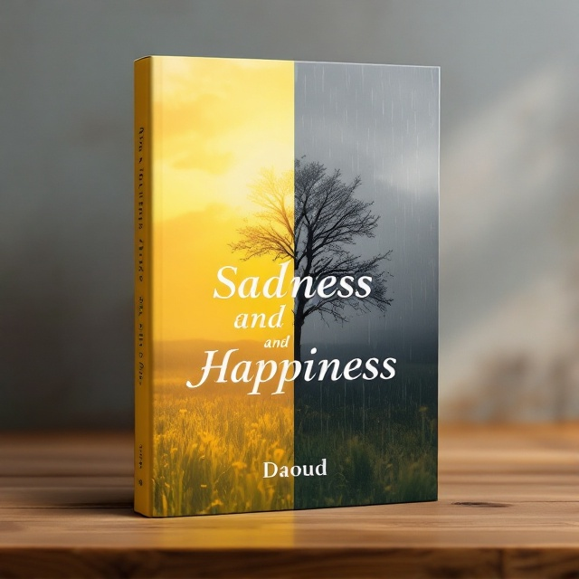 A split cover design, with the front cover showcasing a bright, golden sunrise over a serene meadow to depict happiness, and the back cover transitioning to a somber, rain-swept scene with a faded tree silhouette to depict sadness. A subtle gradient connects the two sections, emphasizing the emotional shift.