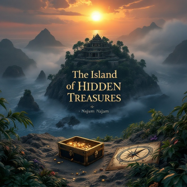 An aerial view of a mysterious island shrouded in mist and surrounded by a turbulent, dark ocean. The island features jagged cliffs, dense, exotic jungle foliage, and the faint silhouette of an ancient stone temple emerging from the trees. In the foreground, half-buried golden treasure chests with glinting jewels peek out from the sand, while a weathered compass lies next to it. The sky above shows the setting sun, its amber and violet hues adding a touch of intrigue. Subtle shadowed figures can be seen in the jungle, cloaked in secrecy.