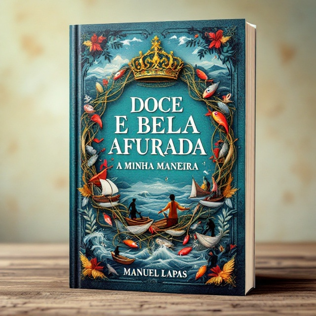 A vibrant, historic scene featuring a mix of elements related to Afurada. In the foreground, a queen’s crown is subtly entwined with an intricate fishing net, symbolizing the regal and hardworking spirit of Afurada's people. Surrounding the crown are illustrations of fishing boats rocking on ocean waves, fishermen casting their nets into the sea, and colorful fish being carried by traditional varinas (fish sellers), all framed within an oval, imitating a vintage medallion. The background features a textured oceanic blue gradient with faint silhouettes of the village and its fishing heritage etched as patterns.