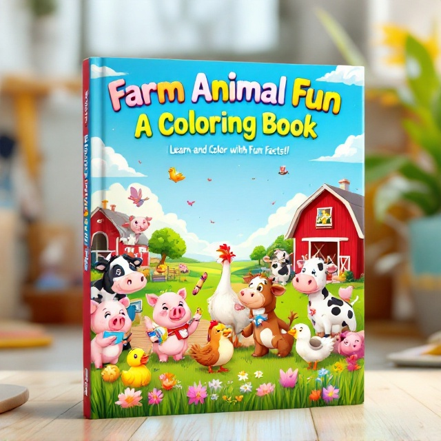 standing book mockup, Its title is "Farm Animal Fun: A Coloring Book for Kids". Its author name is basel bsoul.  The cover features a vibrant and cheerful farmyard scene. Cute cartoon-style illustrations of animals such as cows, pigs, chickens, sheep, and ducks are playfully arranged, with some holding crayons or sketchbooks. A large red barn and a bright blue sky with fluffy clouds serve as the background. Grass and flowers are scattered across the bottom, giving a natural and lively touch. The overall composition is colorful and dynamic, designed to instantly grab attention. The title "Farm Animal Fun A Coloring Book for Kids" is written in bold, playful, and rounded fonts, with each word in a slightly different color to enhance the youthful and fun vibe. The subtitle "Learn and Color with Fun Facts!" is set in a smaller, curly script font in white, placed just beneath the title. The author’s name, "Basel Bsoul," is in a simple sans-serif font at the bottom in black for clarity and readability., "Farm Animal Fun" is prominently centered, with the subtitle directly beneath it. The illustrations surround the text in a semi-circle pattern to guide the visual flow. The barn sits in the center of the image with animals appearing in the foreground. The author's name is placed subtly at the base of the cover, ensuring it doesn’t detract from the kid-friendly illustrations and title above.
